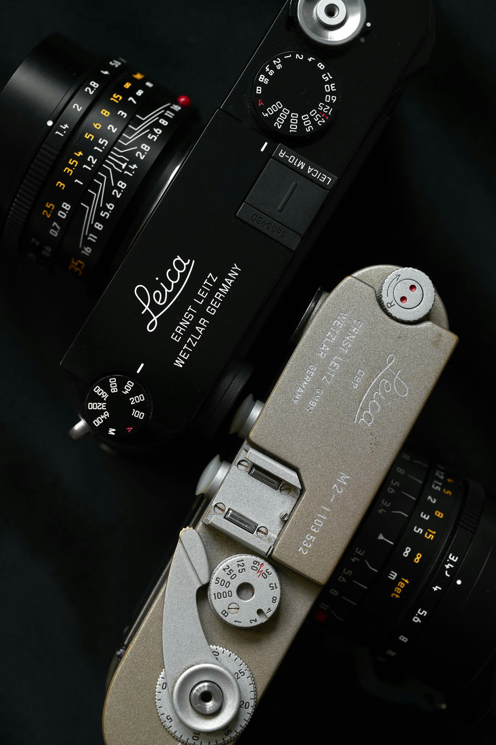 A Leica M10R Black Paint with 35mm Summilux-M (Close focus) and custom Leica M2 with 21mm Super-Elmar-M