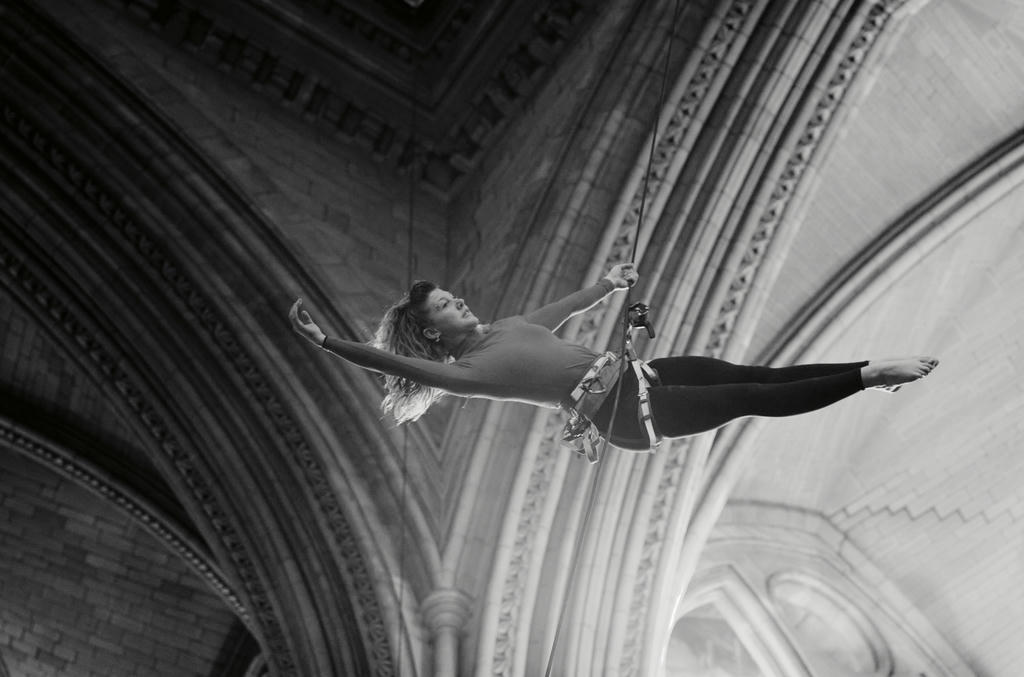 Georgie Barnett from Yskynna Vertical Dance Company rehearsing in Truro Cathedral