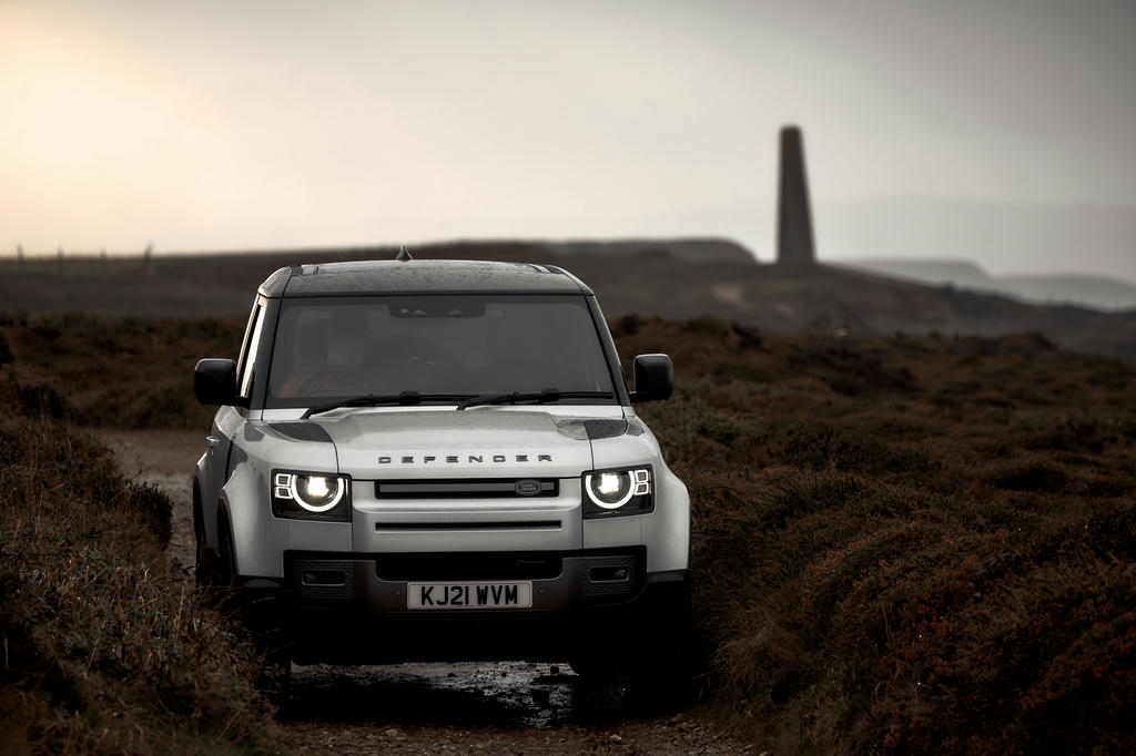A 2021 Land Rover Defender on the clifftops in Cornwall