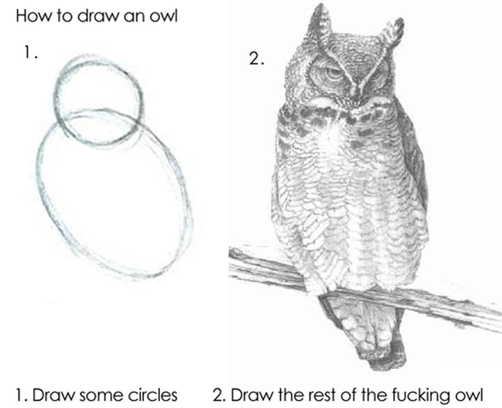 Meme of how to draw an owl